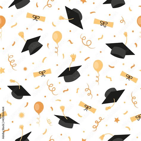 Graduation black caps with tassels, diplomas, certificates, balloons, confetti, seamless pattern ...