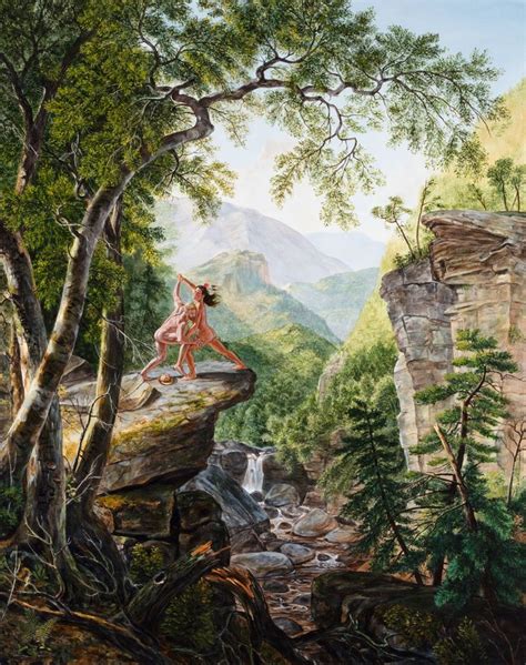 a painting of a woman sitting on top of a cliff next to a river and trees