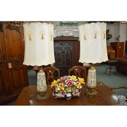 Two vintage glass table lamps with shades and large Capodimonte floral, some expected damage, 18" in