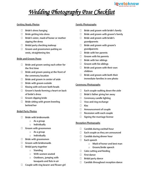 Printable Wedding Photography Checklist