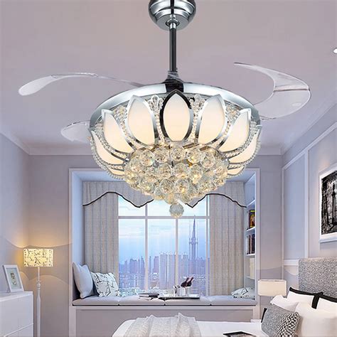 Luxury folding ceiling fan Dining Room Chrome Gold Crystal Lamp with fan with remote control-in ...