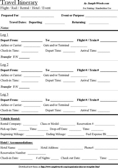 Travel Itinerary Template - Download Microsoft Word Document