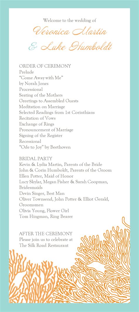 Coral Wedding Program | Wedding reception program, Simple wedding reception, Wedding ceremony ...