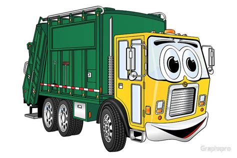 Green Gold Smiling Garbage Truck Cartoon by Graphxpro | Garbage truck ...