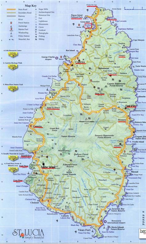 a large map of the island of st lucia with all its roads and major cities