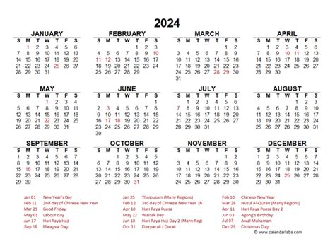 2024 Year at a Glance Calendar with Malaysia Holidays - Free Printable Templates