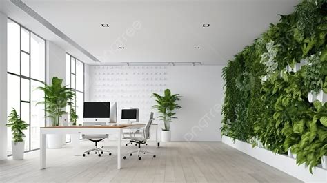 Modern Office Room With White Walls And Interior Garden 3d Rendering ...