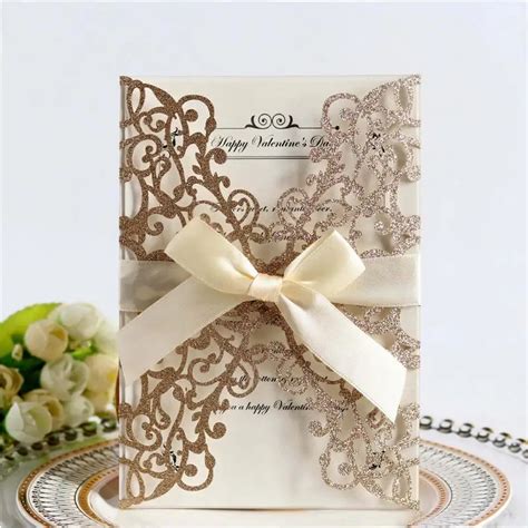 10PCS Bowknot Glitter Invitations European Style Laser Cut Wedding Invitations Holiday Greeting ...