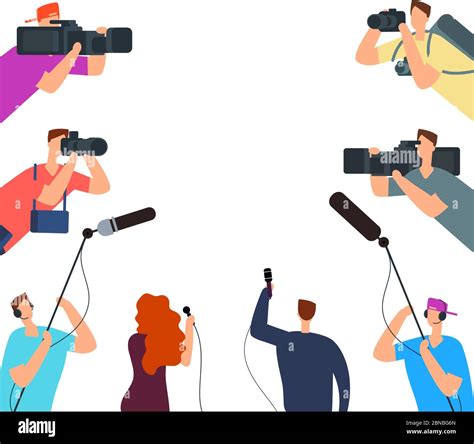 Broadcast interview. Tv journalists with camera and microphones online ...