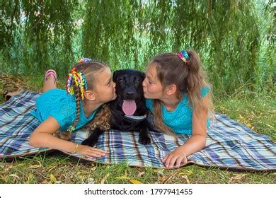 Happy Kids Kissing Dog Smiling Children Stock Photo 1797941455 ...