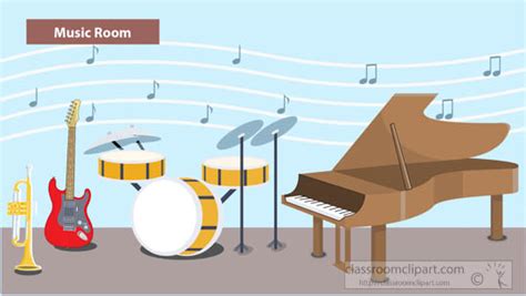 Musical Instruments Clipart - music-room-with-piano-drums-guitar-trumpet-clipart - Classroom Clipart