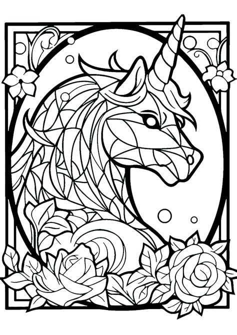 Imaginary stained glass window with unicorn in profile and pretty flowers - Stained Glass Adult ...
