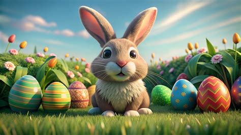 Premium Photo | Happy bunny with many easter eggs on grass