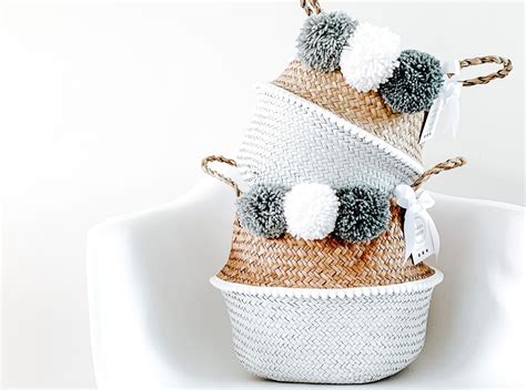 Pom Pom Basket Grey Seagrass Belly Basket With Poms Gift - Etsy UK | Belly basket, Seagrass ...