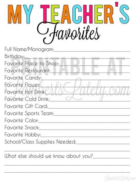 Free Teacher Favorite Things Form (Editable & Printable!) | Lamberts Lately