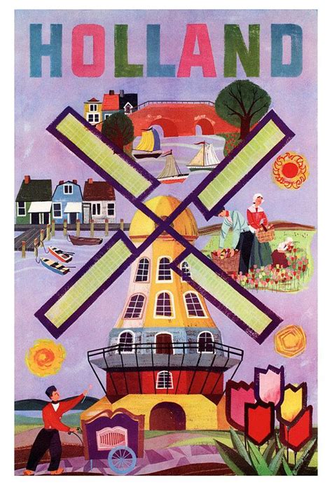 Holland Poster, Netherlands, Windmill, Dutch, Vintage Travel Poster ...