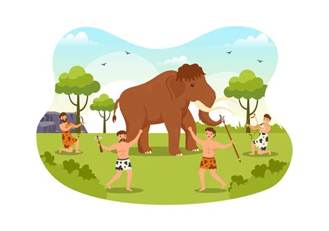 Prehistoric Stone Age Tribes Hunting Large Animals with Weapon in Flat ...