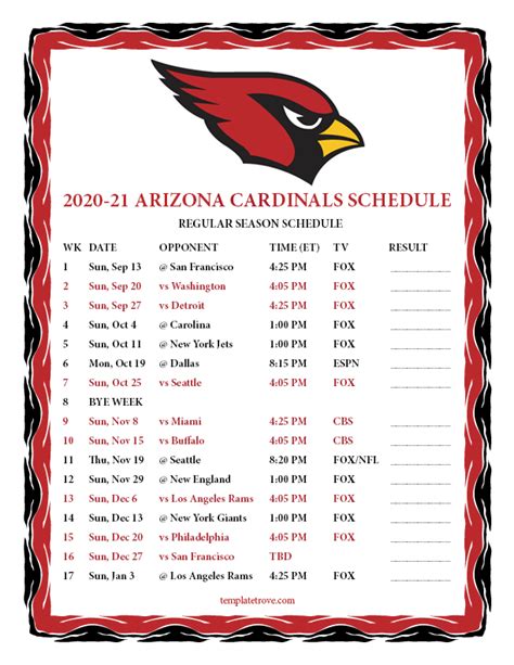 Printable 2020-2021 Arizona Cardinals Schedule