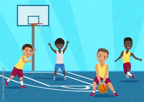 Vector cartoon Illustration of kids playing basketball in schoool ...