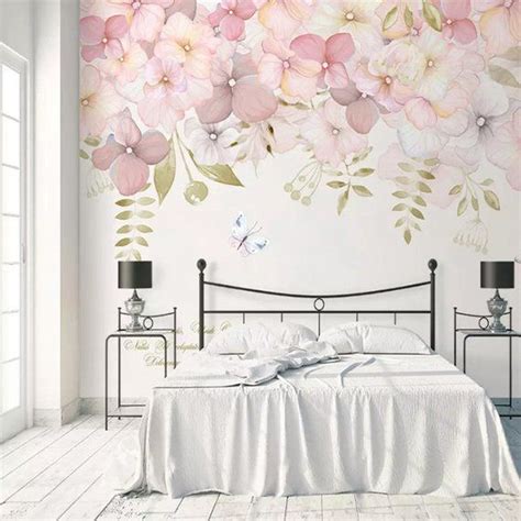 Watercolor Pink Flowers Wallpaper Wall Mural Hanging Branch | Etsy ...