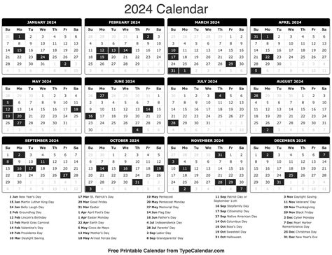 2024 Calendar: Free Printable Calendar With Holidays