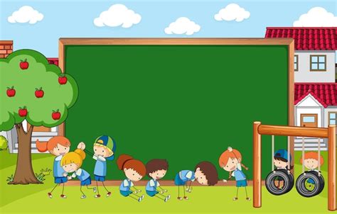 Free Vector | Empty blackboard in park scene with many kids doodle cartoon character