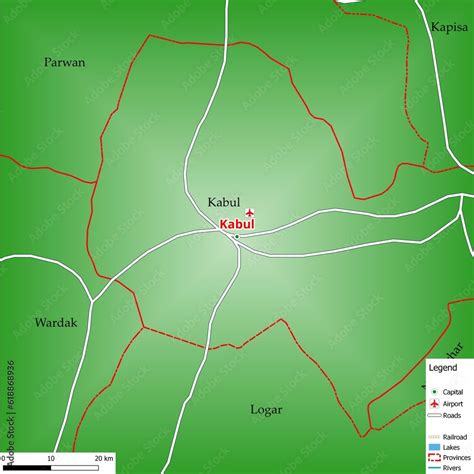 Map of the capital city Kabul with main streets, rivers, lakes, urban areas and names of ...