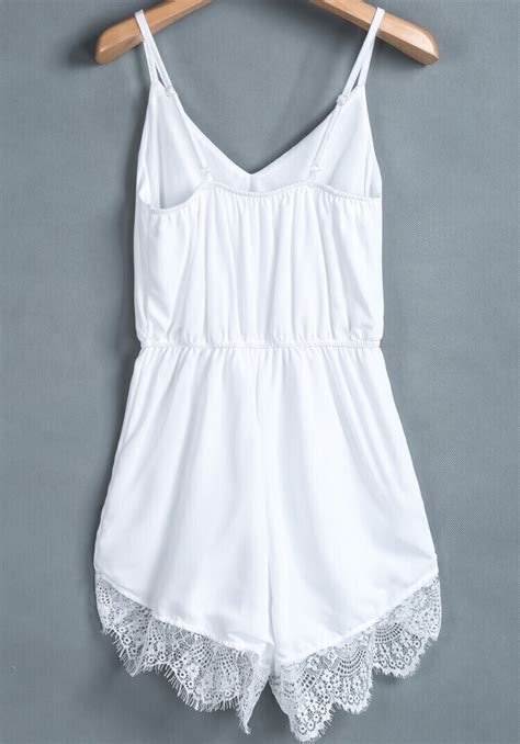 White Spaghetti Strap Lace Chiffon Jumpsuit -SheIn(Sheinside)