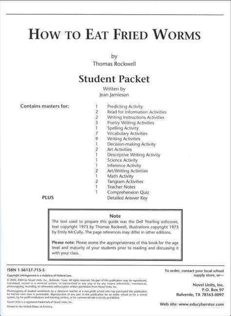 How to Eat Fried Worms Student Pack | Novel Units | 9781561377152