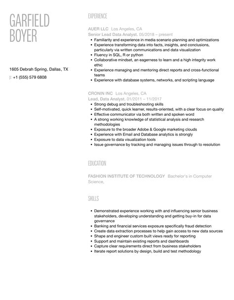 Lead Data Analyst Resume Samples | Velvet Jobs