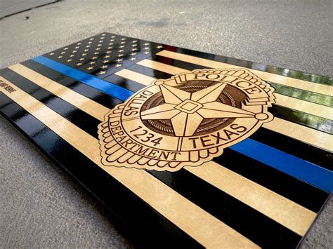 Personalized Dallas Police Badge Flag Thin Blue Line Wooden American Flag Back the Blue Law ...