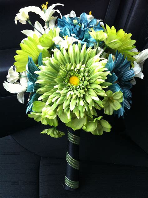 Teal Wedding Bouquet, Gerbera Daisy Bridal Bouquet, Green and Blue Wedding Flowers. $85.00, via ...