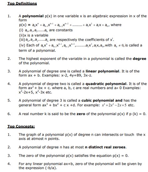 CBSE Class 10 Mathematics - Polynomials Concepts Concepts for Polynomials Revision notes