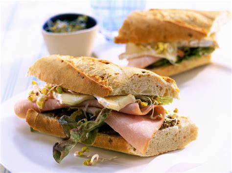 Baguette Sandwiches with Brie, boiled ham and sprouts recipe | Eat Smarter USA