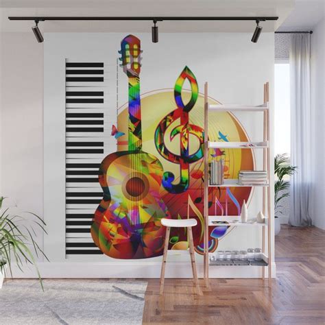 colorful guitar and musical notes wall mural in a living room