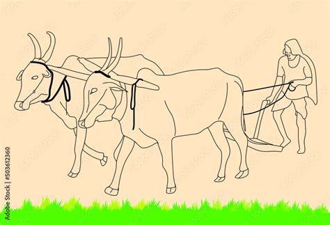 Outline of a farmer with a plough and oxen Stock Vector | Adobe Stock