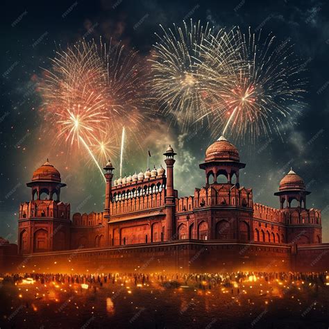 Premium AI Image | illustration of Red Fort at Night with Fireworks ...