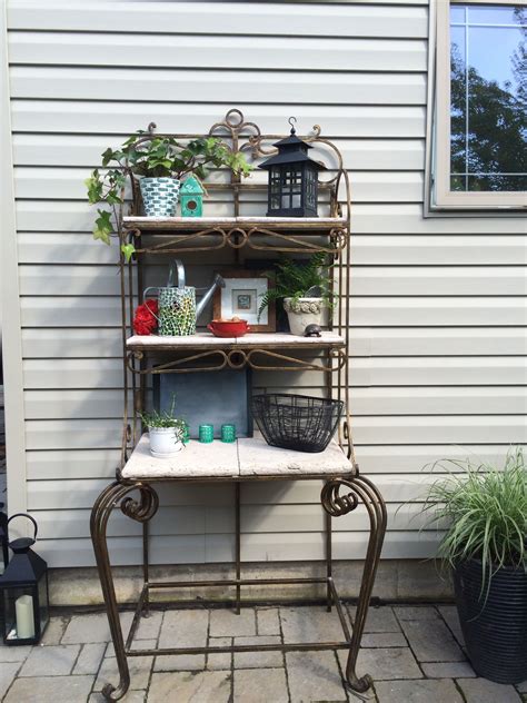 Outdoor patio bakers rack decor...chez moi! | Pallet furniture outdoor, Decor, Outdoor firewood rack