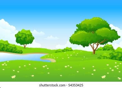 Green Landscape Lake Trees Summer Landscape: vetor stock (livre de direitos) 46471132 | Shutterstock