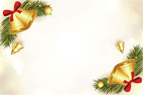 Background with golden Christmas bells, red bow and snowflakes ...