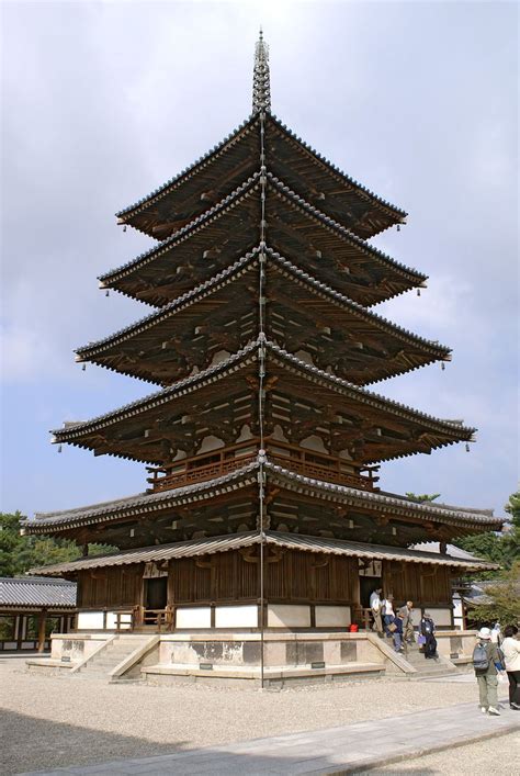 Wood five-story pagoda of Hōryū-ji in Japan, built in the 7th century, one of the oldest wooden ...