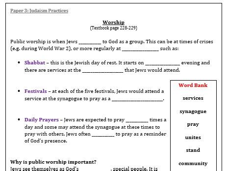 Eduqas GCSE RE Judaism Practices Revision | Teaching Resources