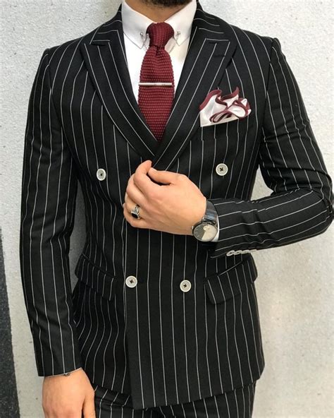 Buy Black Slim Fit Double Breasted Pinstripe Suit by GentWith.com ...