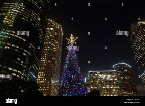 Christmas tree lights in downtown Houston, Texas, at night Stock Photo ...