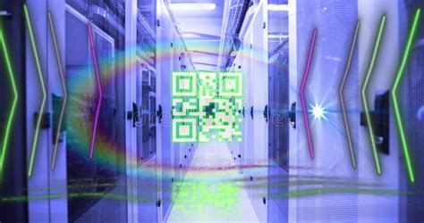 QR Code Scanner with Neon Elements Against Empty Server Room Stock Illustration - Illustration ...