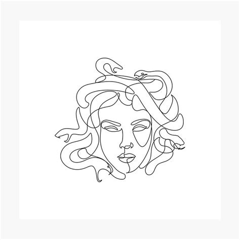 a line drawing of a woman's face with long hair and snake on her head
