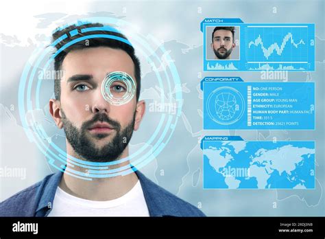Facial recognition system. Man scanned by iris and personal data against world map Stock Photo ...