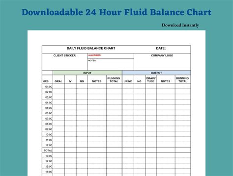 Downloadable 24 Hour Fluid Balance Chart - Etsy