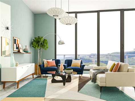 mid century modernt modern living room blue abstract rug - Google Search in 2020 | Living room ...