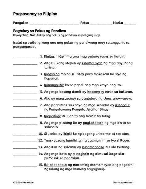 (PDF) Pagsasanay sa Filipino Pagtukoy sa Pokus ng Pandiwa | Joanne ...